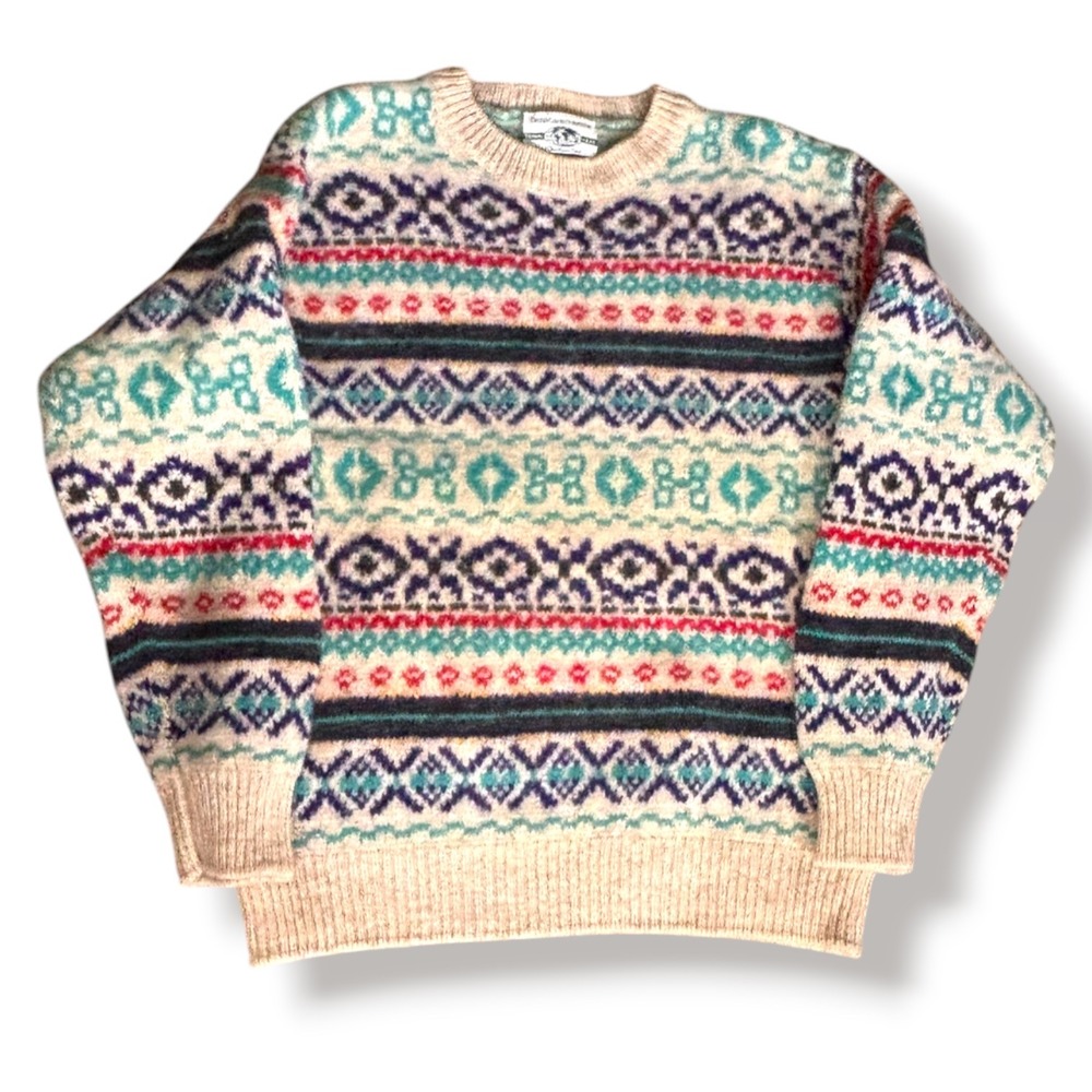Vintage Benetton Shetland Wool Fair Isle Sweater Made In Italy Nordic Crewneck